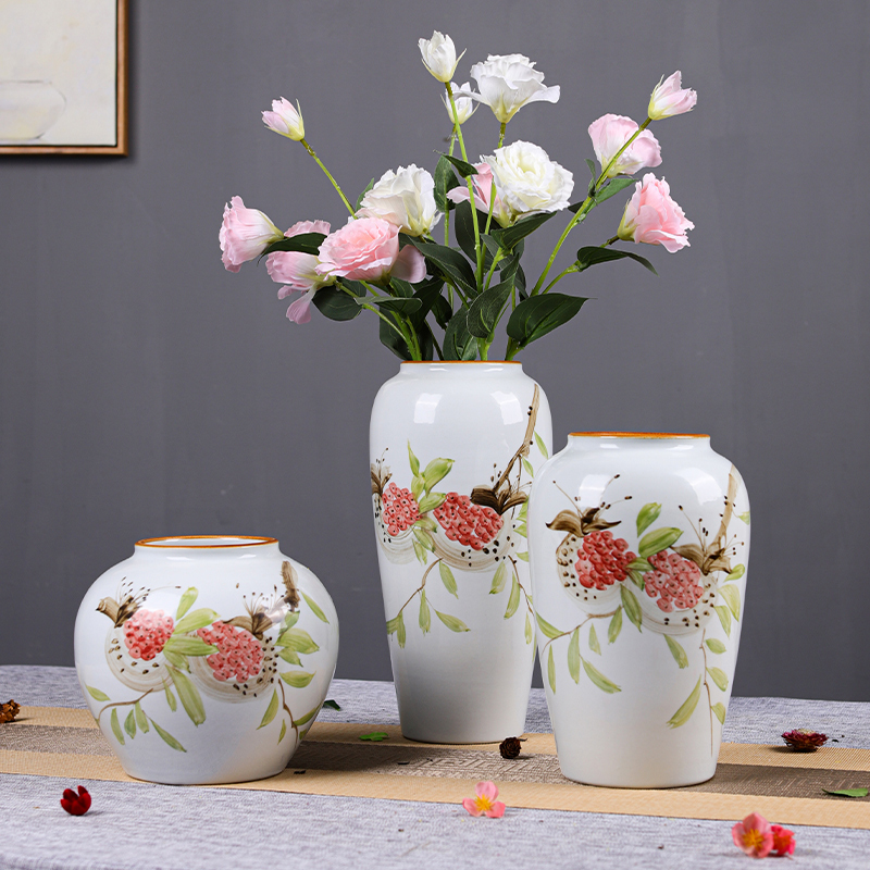 高颜值手绘石榴陶瓷花瓶摆件新中式客厅水培插花装饰复古居家花器