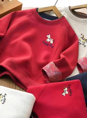 男女童刺绣儿童加绒卫衣红色中小童男女童宝宝亲子装新年款拜年服