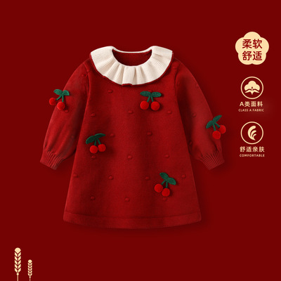 周岁女宝宝礼服秋冬女童红色公主裙一岁儿童生日裙子抓周宴