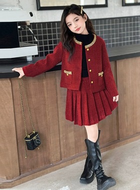 公主风红色中大儿童小香新年服装女童秋冬天裙子套装时尚洋气时髦