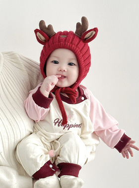 婴儿圣诞帽宝宝帽子秋冬季红色周岁婴幼儿护耳帽儿童过年帽毛线帽