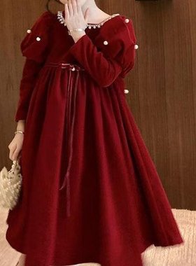 女童红色喜庆连衣裙2025秋冬新款儿童泡泡袖礼服公主裙女孩拜年服