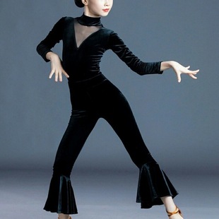 儿童练功服秋冬拉丁舞服冬装女网红比赛服女童丝绒长袖演出训练服