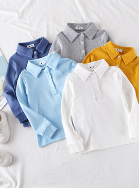 儿童校服新款上衣童装白色POLO衫男女童秋冬衬衫翻领百搭纯色长袖