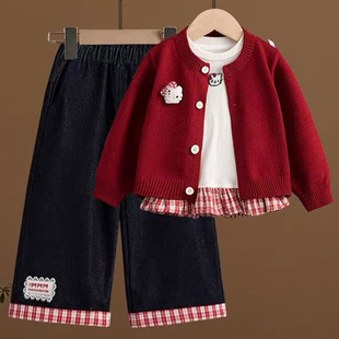 早春漂亮春装女童女款2026新款女童搭配一整套装打底衫牛仔裤三件