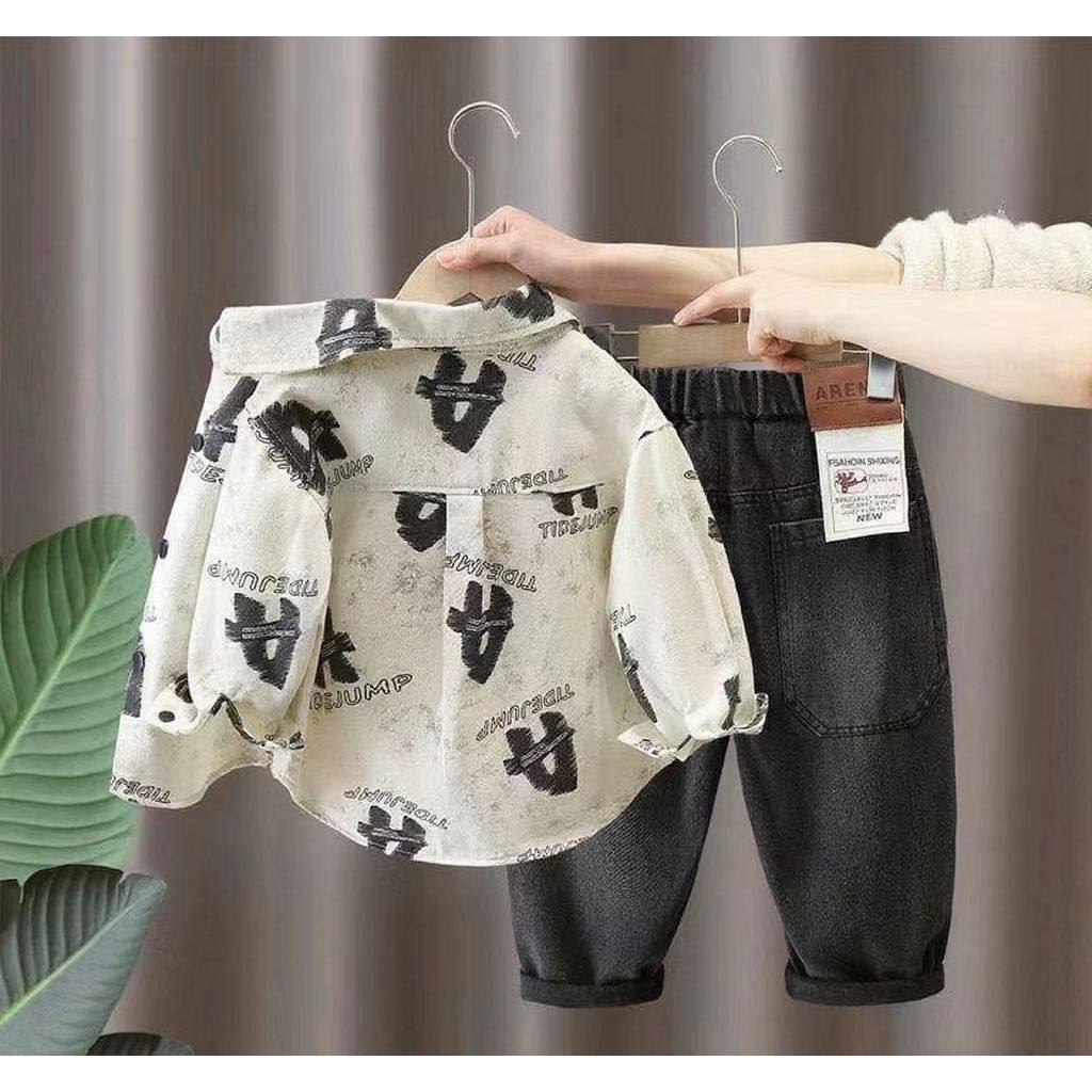 韩版痞帅男式小童装男童衬衫套装春秋中小童春秋洋气时髦两件套潮