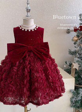 拜年服女童连衣裙冬儿童礼服背心裙加绒红色公主女宝宝生日宴衣服