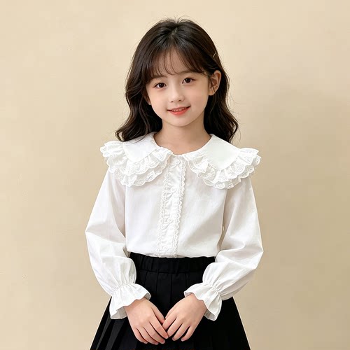 女童衬衫春秋2026新款洋气春装儿童纯棉白色长袖衬衣春季宝宝上衣