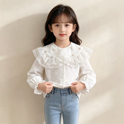 女童衬衫长袖2026秋季新款女孩纯棉儿童洋气时髦上衣春秋甜美衬衣