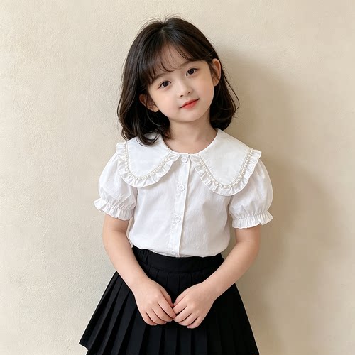 女童衬衫短袖纯棉洋气童装新款儿童衬衫时髦小女孩上衣娃娃领公主