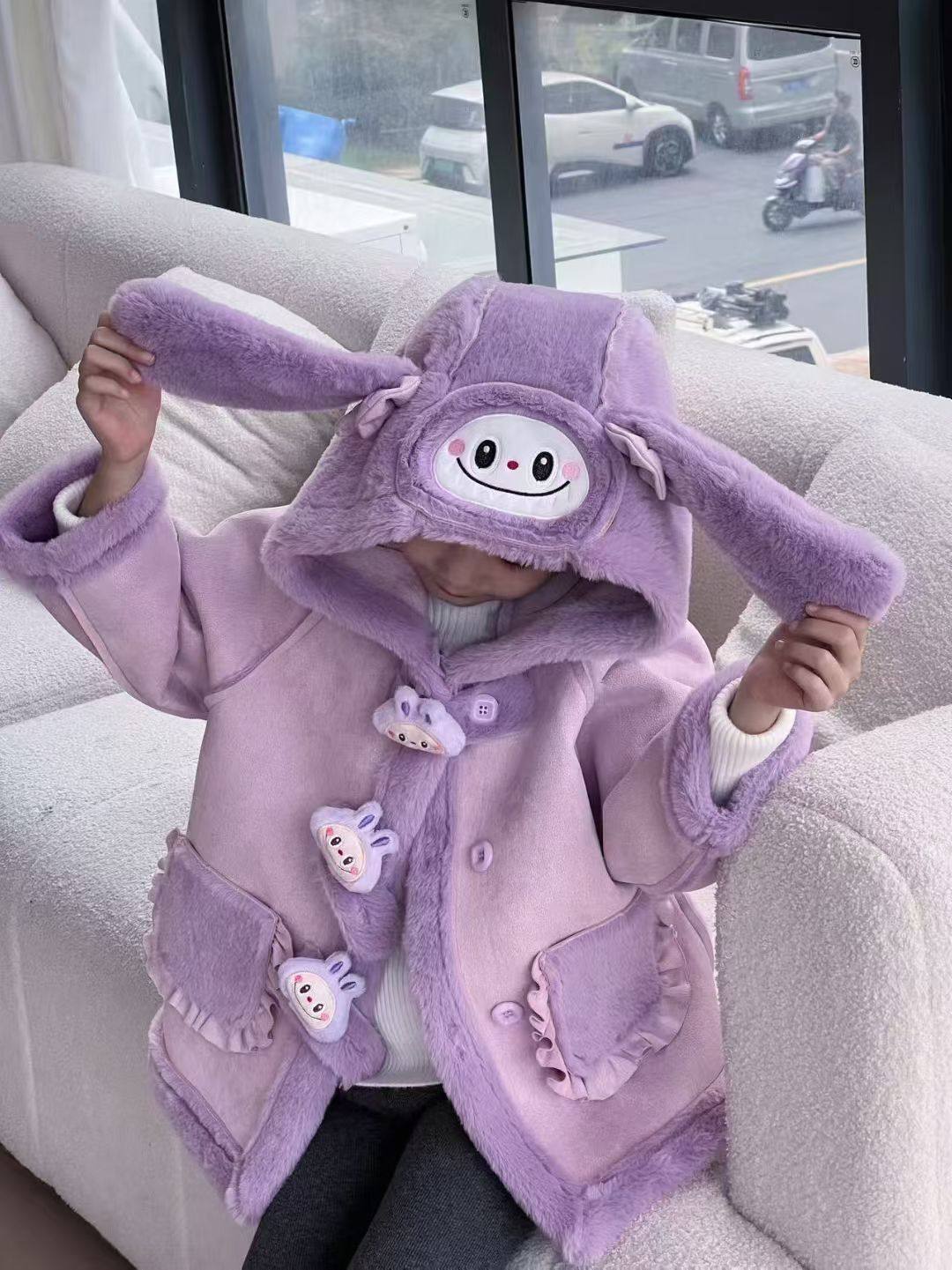 拉布布女童加绒外套秋冬款皮毛一体中长款冬天外套保暖棉衣棉服