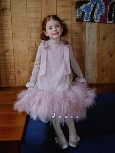 女童连衣裙粉色羽毛亮片高级礼服秋冬连衣裙蝴蝶结公主裙儿童裙子