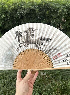 古风手绘俊马竹制双面折扇