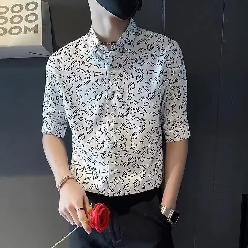 短袖花衬衫男士夏季薄款五分袖衬衣坠感网红ins潮牌痞帅半袖上衣