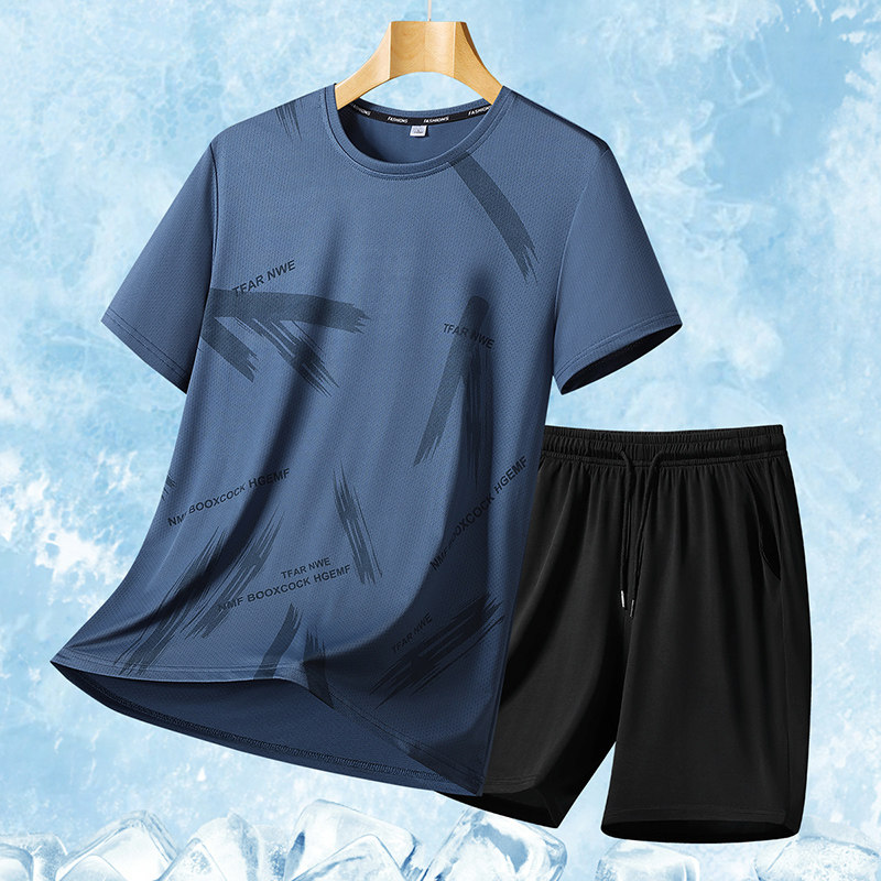 男士夏季冰丝速干短袖短裤T恤运动情侣套装透气薄款休闲两件套