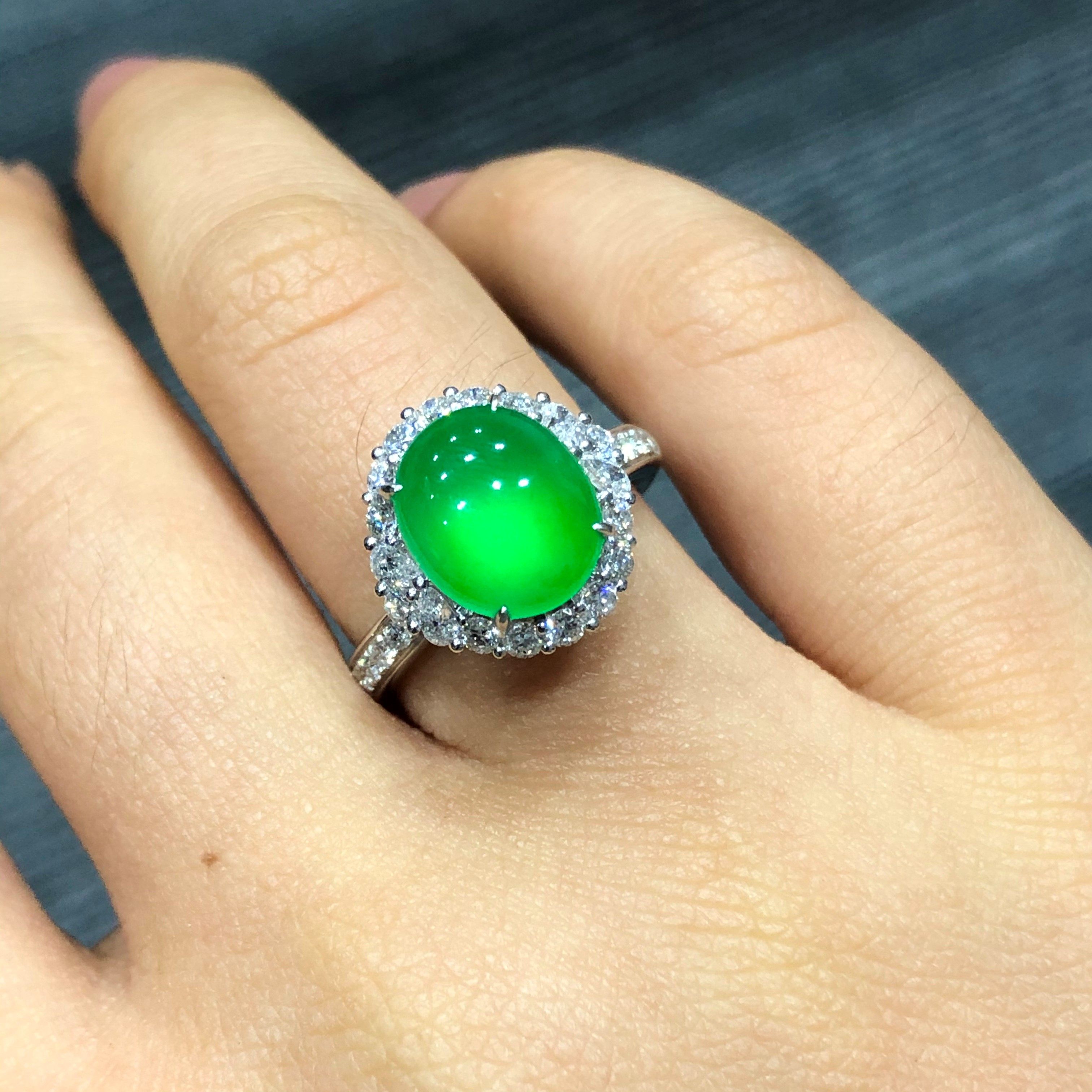 小河玉器翡翠a货玻璃种正阳绿绿蛋戒指(客户定出)