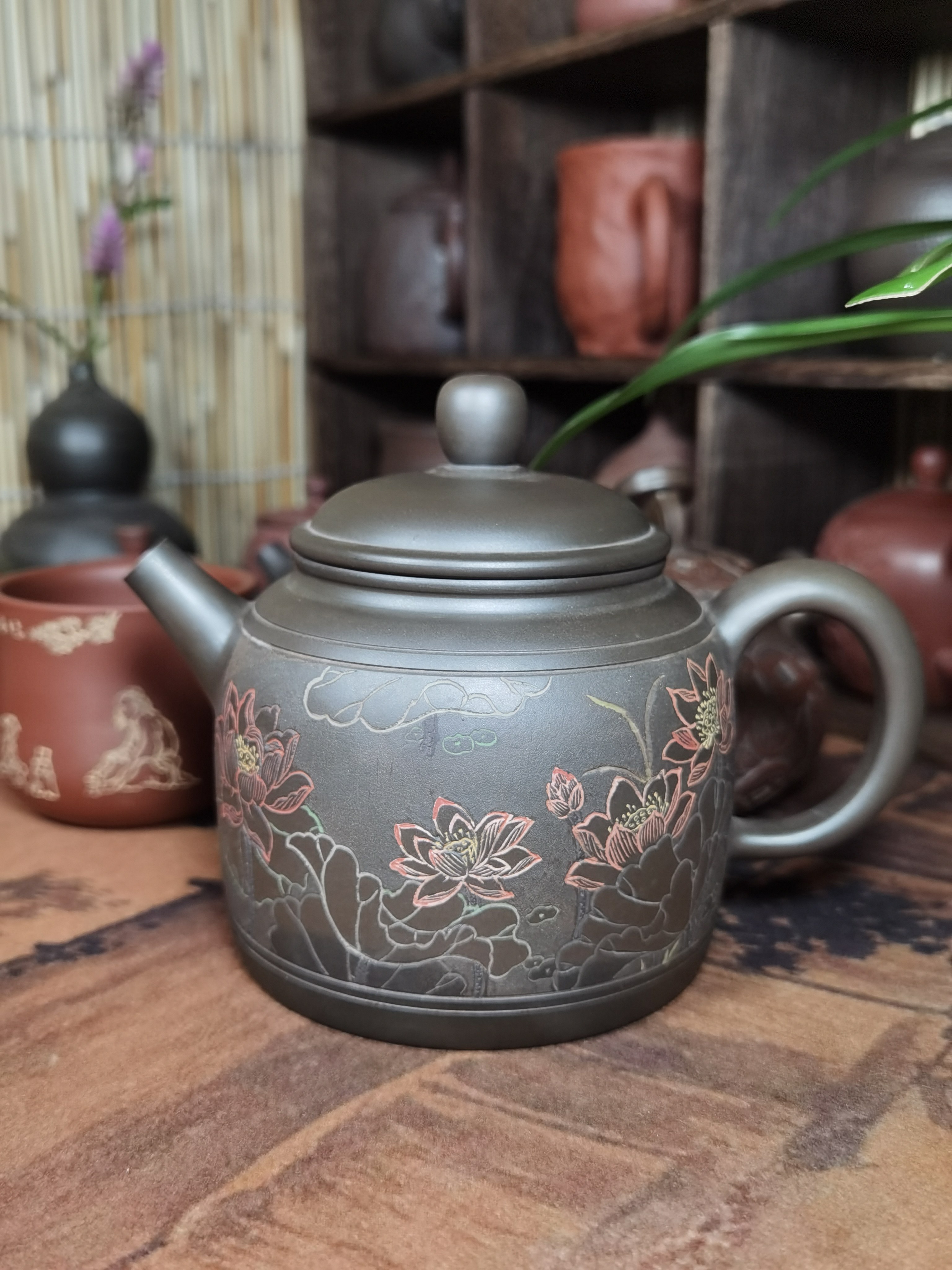广西钦州兴陶茶壶原矿陶土全手工制作手工雕刻德钟荷花壶350是cc