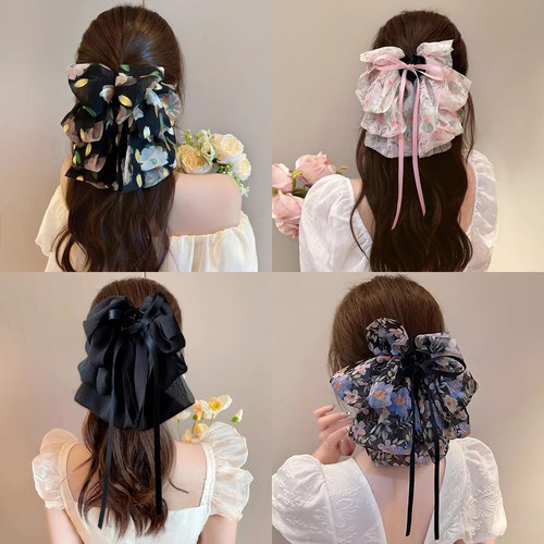 优雅碎花蝴蝶结马尾抓夹