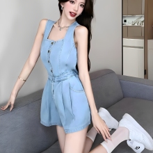 复古港风高级感牛仔连体裤女夏季法式薄款辣妹高腰显瘦吊带连衣裤