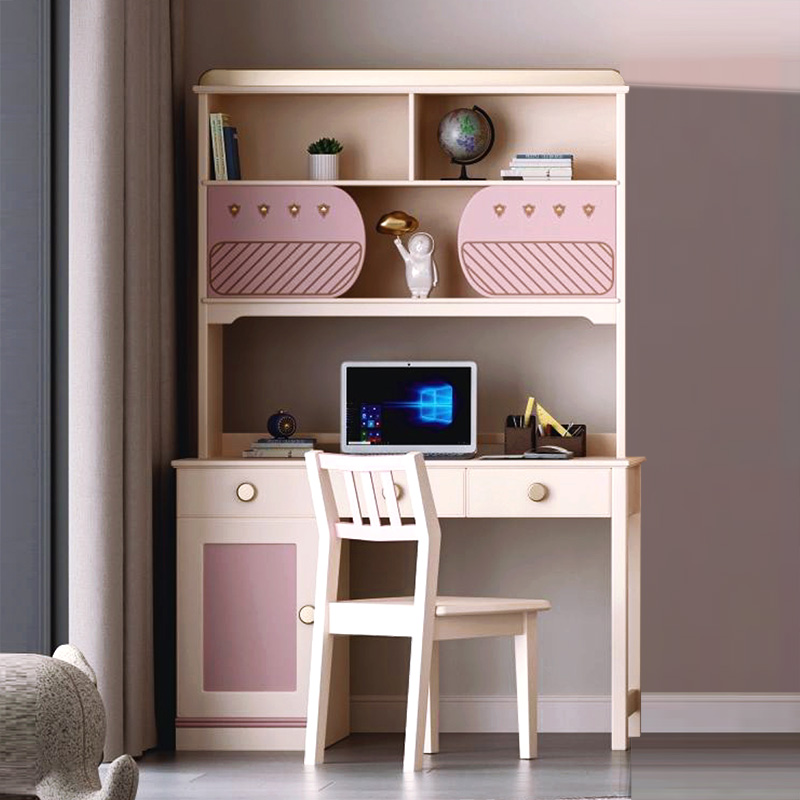 A06儿童全实木书桌带书架组合一体式女孩卧室公主风学习桌少女粉