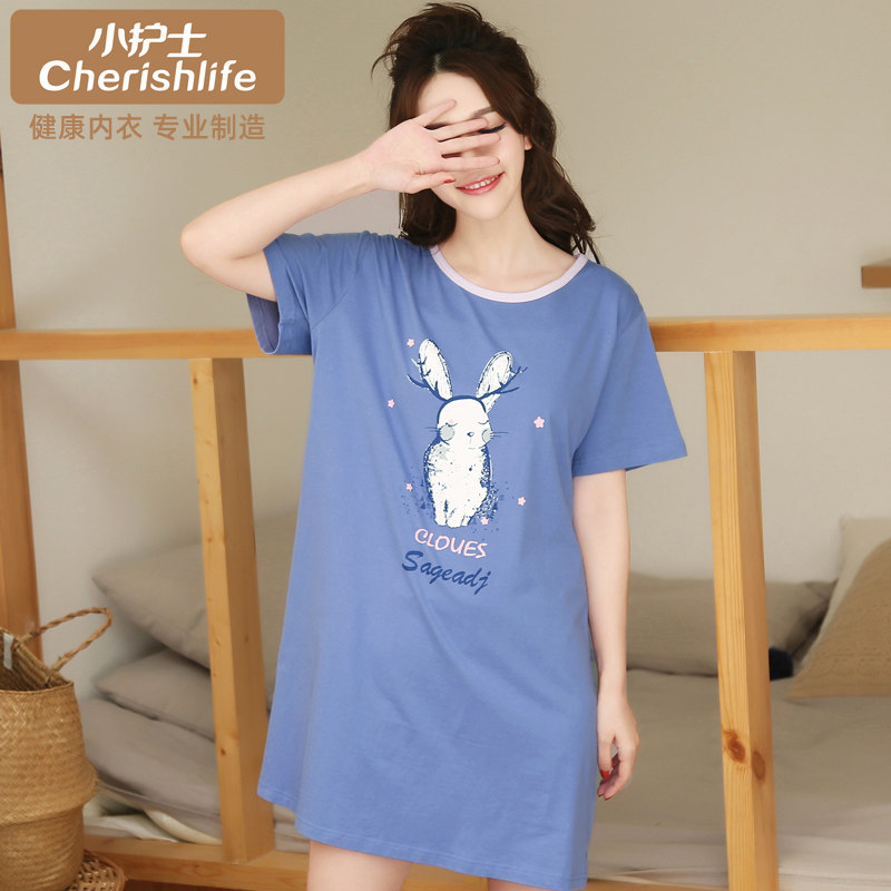 小护士睡裙女士夏季薄款纯棉可爱卡通短袖睡衣宽松大码全棉家居服