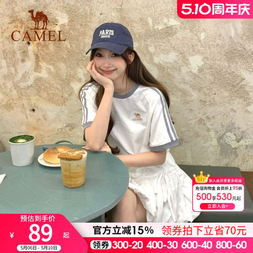 骆驼纯棉T恤女春夏季短袖圆领情侣新款复古宽松运动休闲上衣男