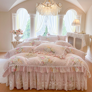 新款韩版纯棉加厚床裙四件套高档蕾丝花边夹棉床罩全棉公主风被套