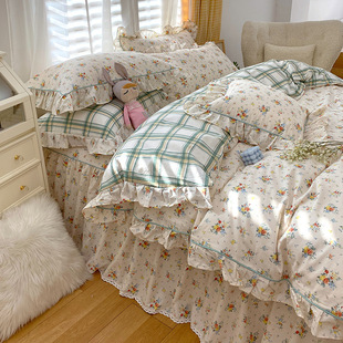 纯棉韩版 床上四件套全棉公主风花边宿舍床单三件套双人被套 床裙式