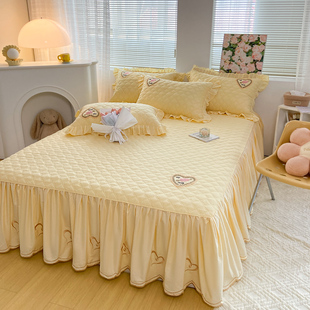 纯棉加棉床裙式单件全棉夹棉韩版公主蕾丝1.8m床罩纯色防滑床垫套
