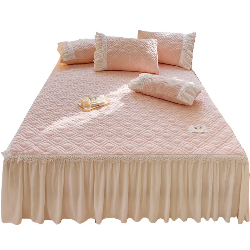 新款纯色牛奶绒夹棉床裙式加厚床罩单件花边公主风床围裙防尘套冬