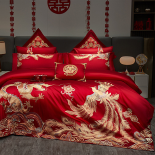 红色长绒棉婚庆四件套龙凤刺绣全棉纯棉结婚十件套喜被高级感床品