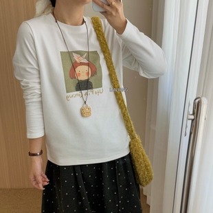LANJIANG 千纸鹤女孩 韩系卡通图案圆领长袖t恤 休闲百搭套头上衣