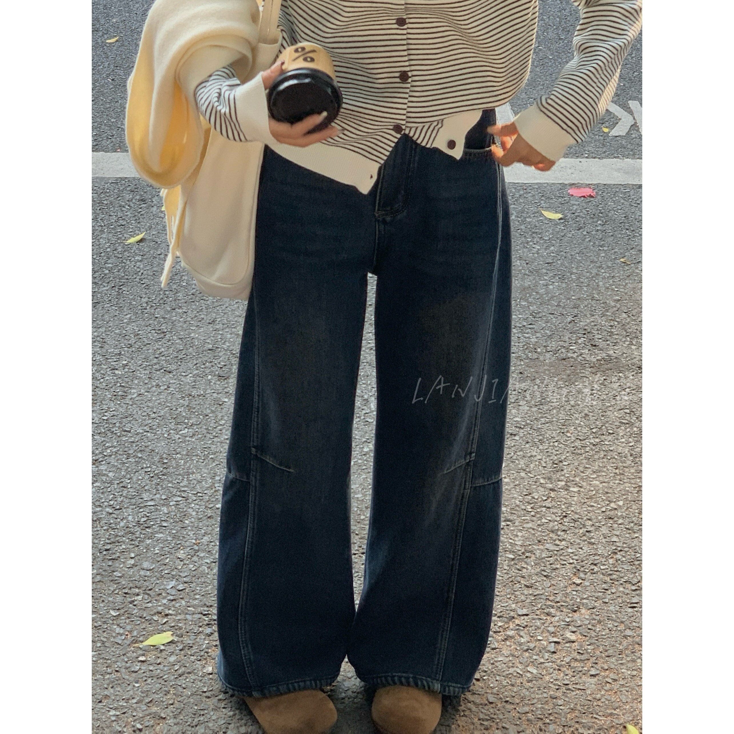 LANJIANG 街头速写·美式复古阔腿弯刀加绒牛仔裤慵懒感长裤