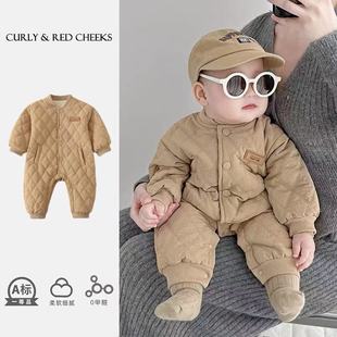 婴儿薄棉连体衣3-18月春秋冬季夹棉保暖哈衣宝宝百天宴爬服外出服