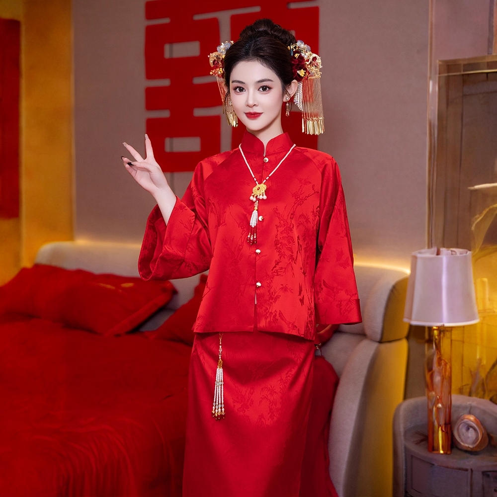 高级感酒红色回门订婚敬酒服套装
