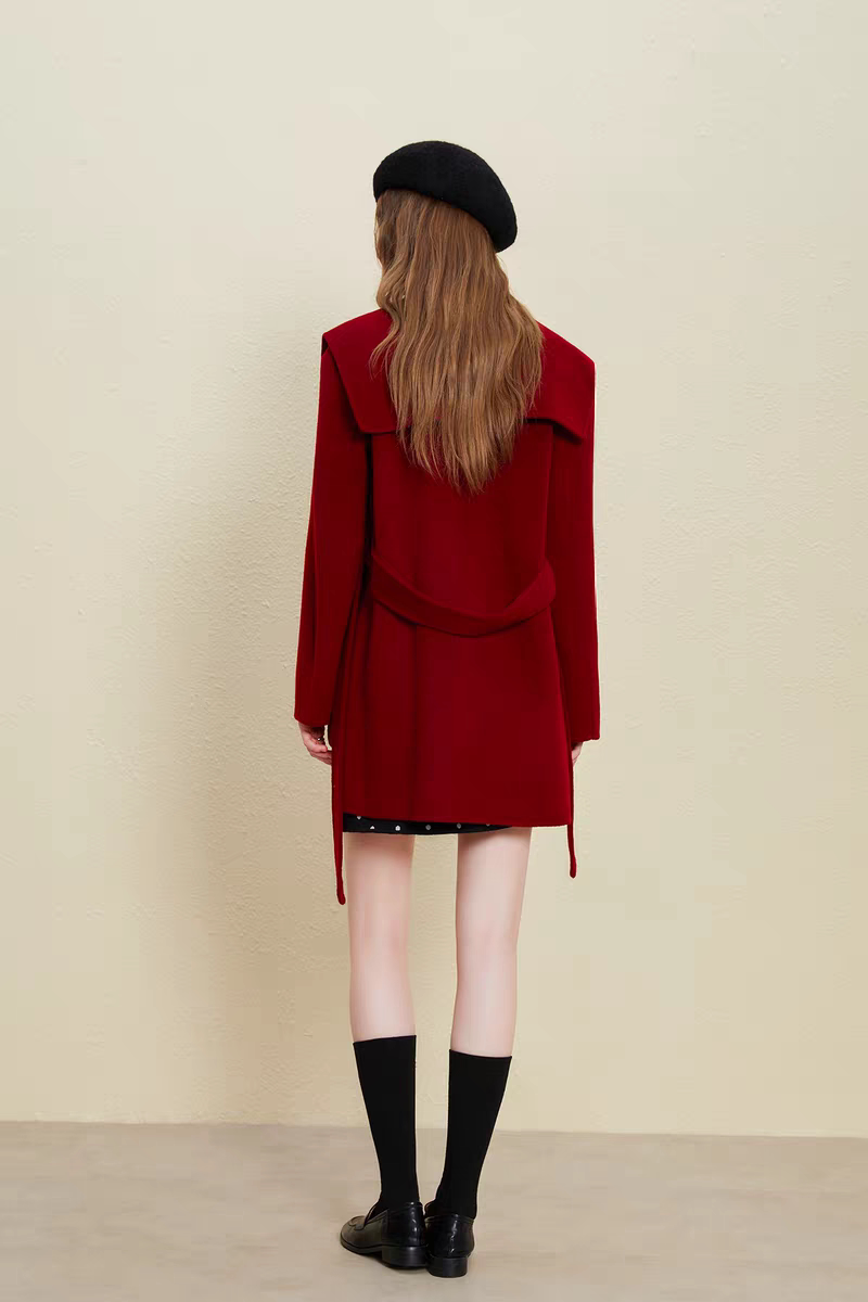 2025新款毛呢大衣女中长款韩版宽松呢子外套显瘦气质系带红色翻领