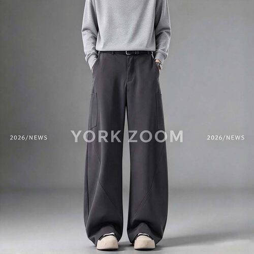 York Zoom秋季新品潮流灰卫裤男女微喇休闲裤cleanfit弯刀拉链裤