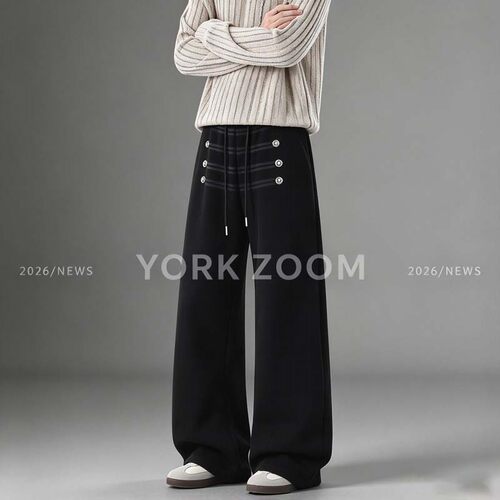 York Zoom秋季新品潮流灰卫裤男女微喇休闲裤cleanfit弯刀拉链裤