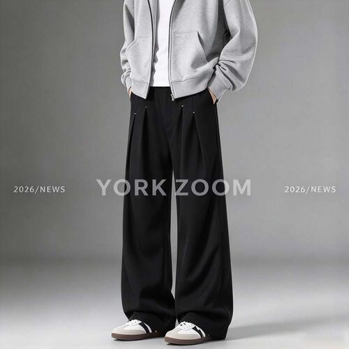 York Zoom秋季新品潮流灰卫裤男女微喇休闲裤cleanfit弯刀拉链裤
