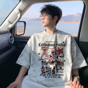 LETTHEHEART夏季 宽松百搭短袖 休闲印花圆领复古扎染短袖 T恤男 美式