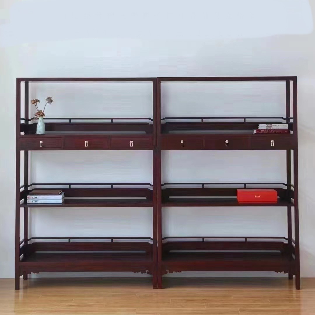 明式家具经典：赞比亚血檀围子栏杆三层格架/书架/层架/置物架