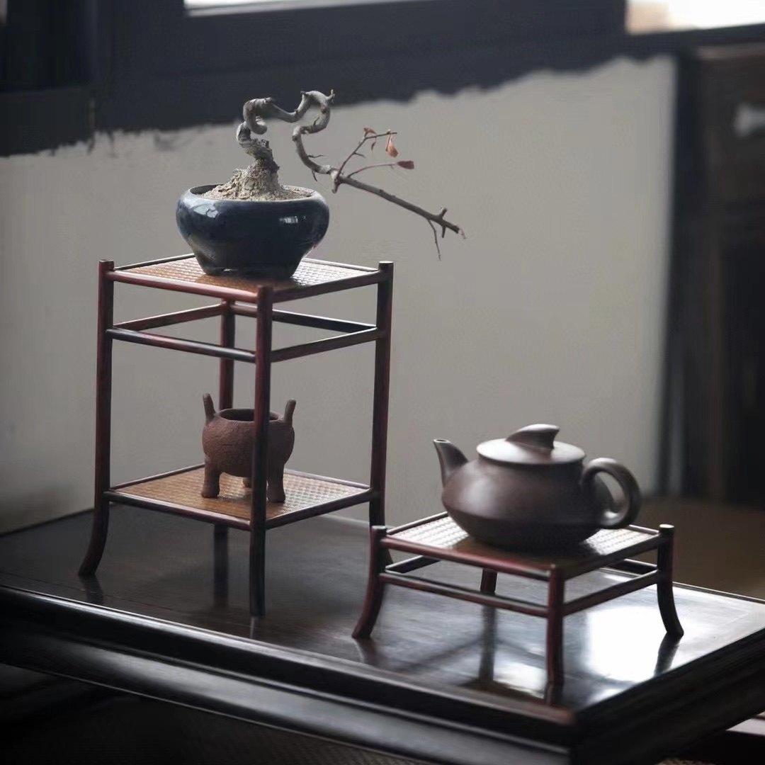 正宗印度小叶紫檀嵌藤编层板层架二件套组/壶承/杯架/盆景架/底座