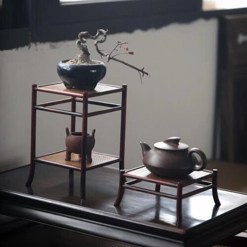 正宗印度小叶紫檀嵌藤编层板层架二件套组/壶承/杯架/盆景架/底座