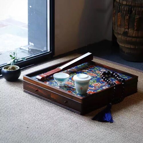 明式家具经典：老挝大红酸枝嵌景泰蓝都承盘/文盘/干泡茶盘