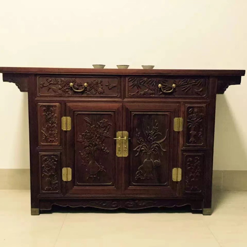 明式家具经典：赞比亚血檀梅兰竹菊二联橱/平头案/餐边柜/供桌