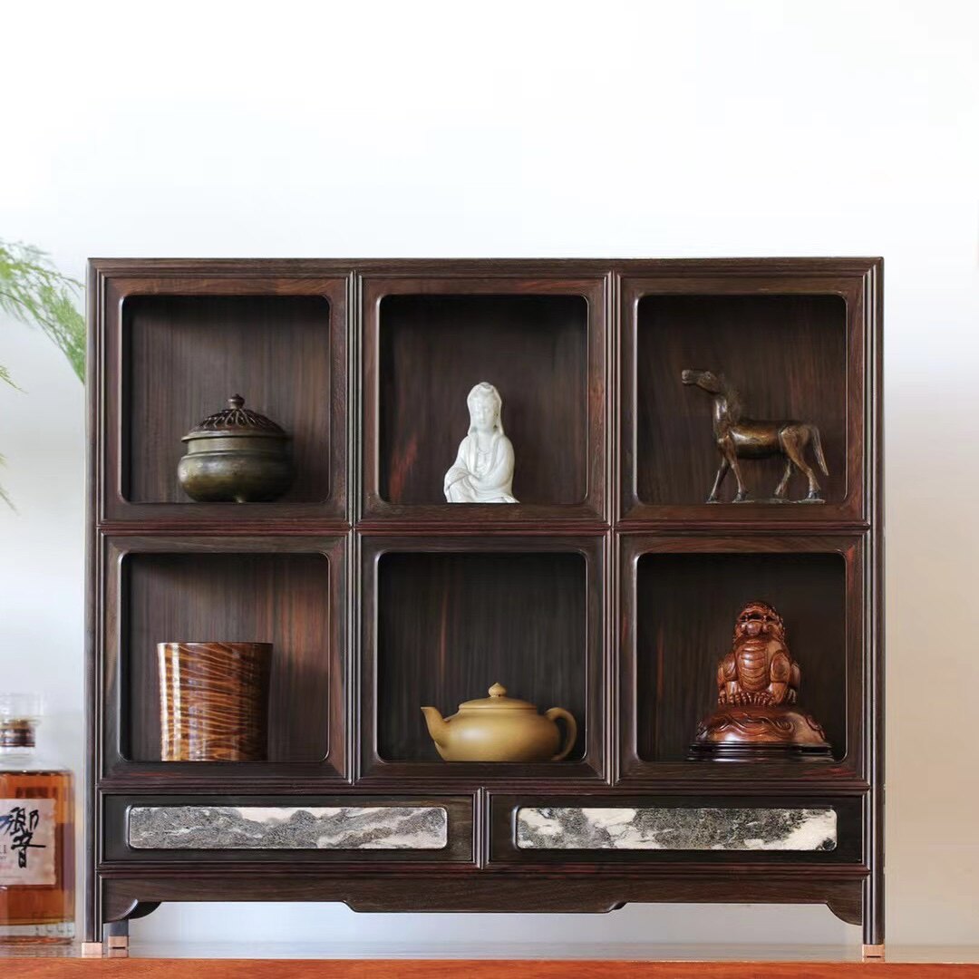 明式家具经典：老挝大红酸枝嵌云石多宝格/博古架/置物架/储物格