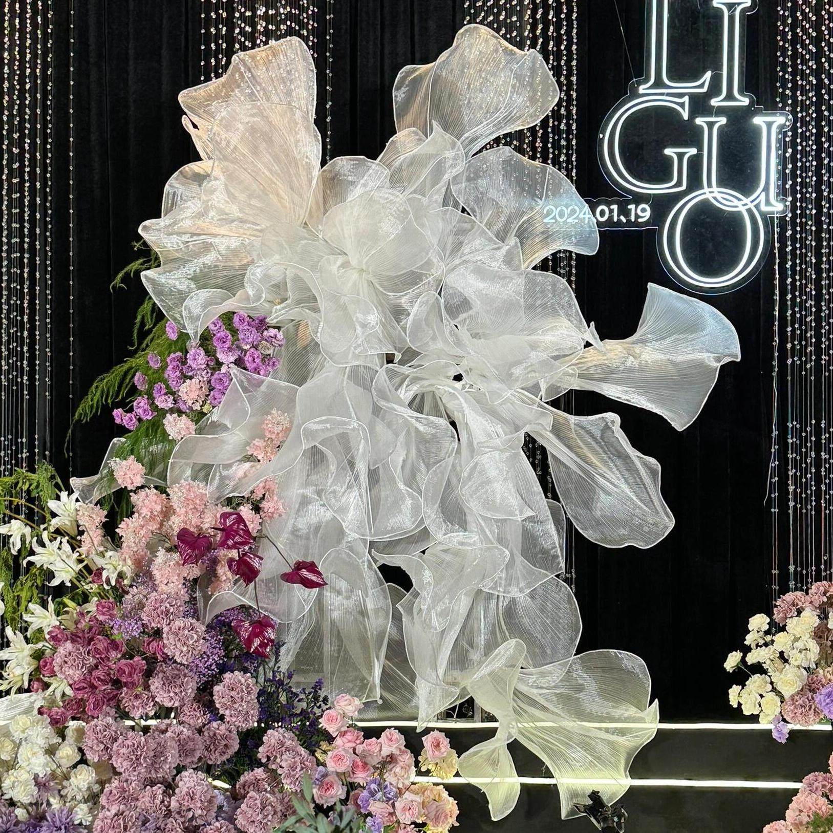 巨型纱网花褶皱手工珠光纱花欧根纱白色花瓣婚礼背景橱窗装饰花艺