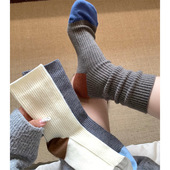 袜子女中筒袜秋冬拼色微压竖条堆堆袜日系复古灰色长袜无骨袜