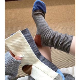 袜子女中筒袜秋冬拼色微压竖条堆堆袜日系复古灰色长袜无骨袜