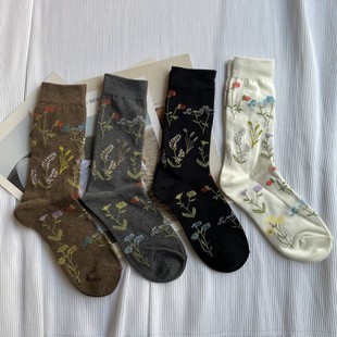 植物花卉文艺日系中筒袜潮牌复古长袜